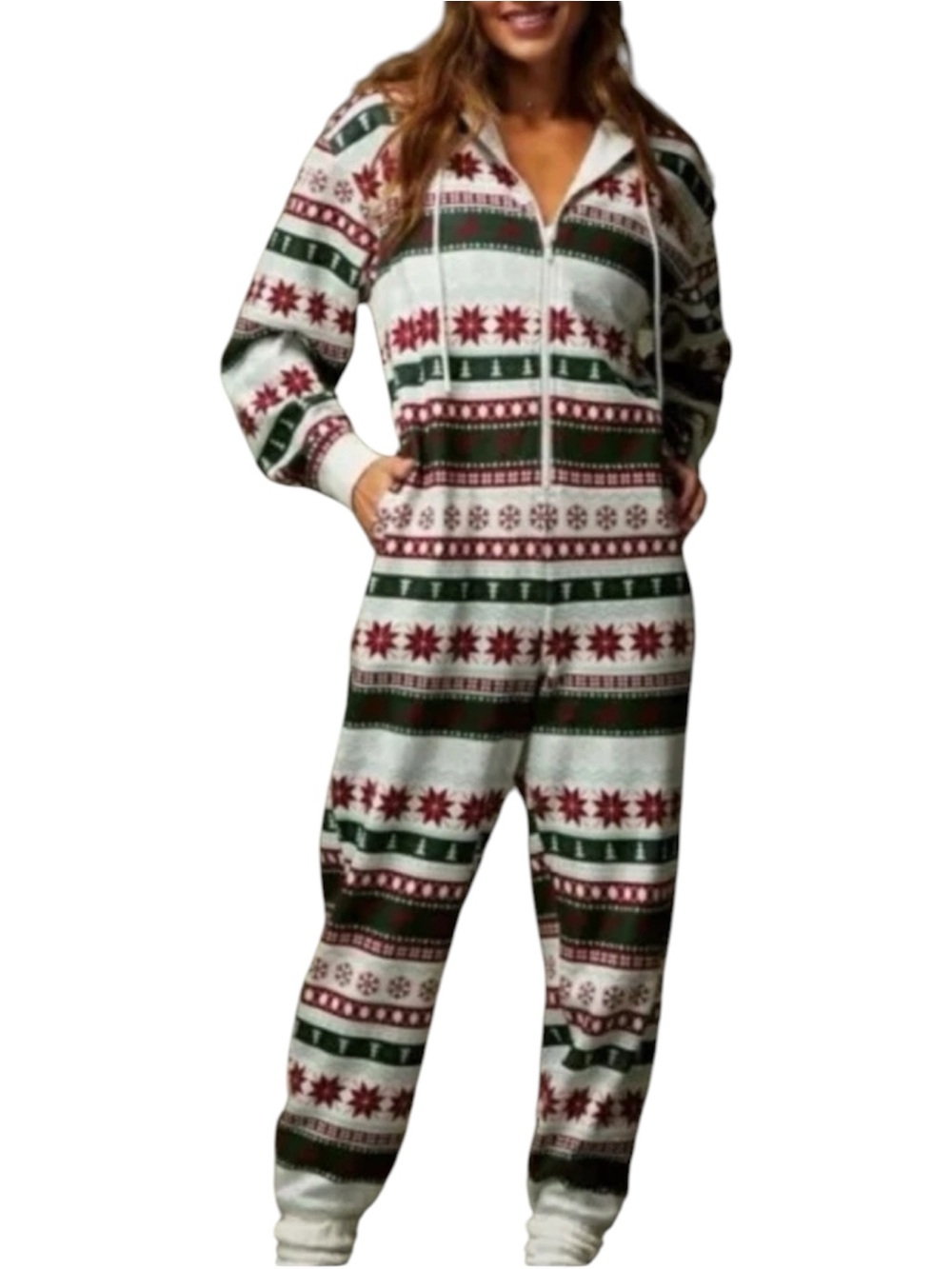 Fabletics Women’s Medium Fair Isle Holiday Jumpsuit Hooded Christmas